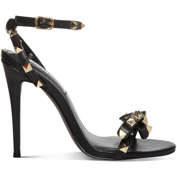 STEVE MADDEN Black Gold Spike Heeled Sandals Open Toe Ankle Strap - Picture 2 of 3